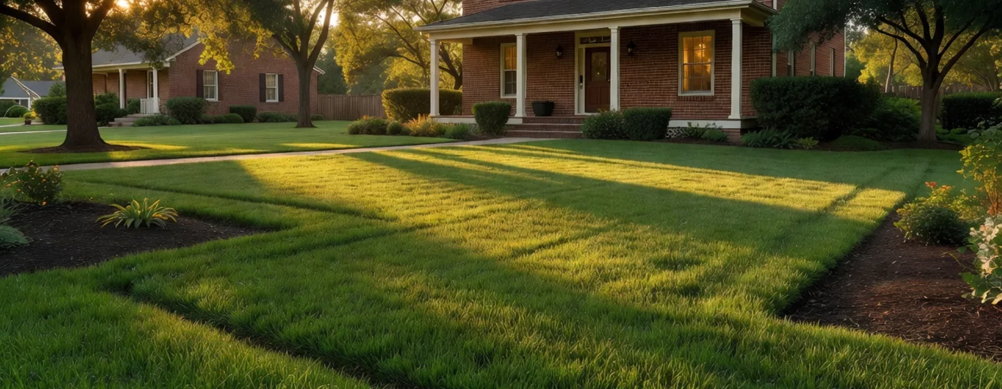 Landscaping service scene; warm, credible, no fake provider logo.